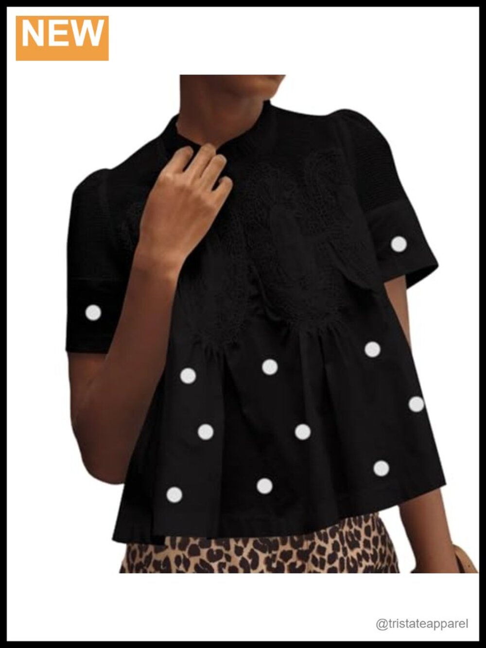 Calbatic Women's Lace Trim Blouse Mesh See Through Puff Sleeve Ruffled Mock